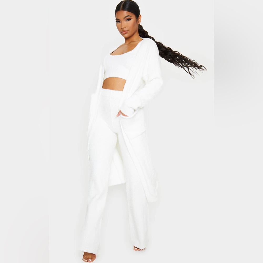 Cream Chenille Cardigan, Crop Top & Pants Set☁️